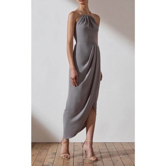 Shona Joy Dresses & Skirts - Shona Joy Size 16 High Neck Ruched Dress In Gray NWT Bridesmaid Formal Black Tie